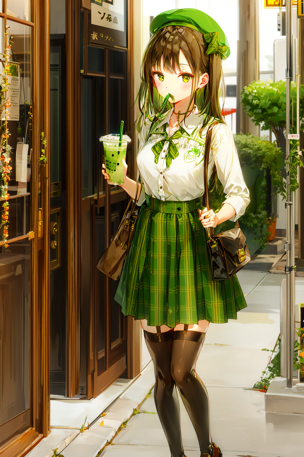 02103-2879532643-1girl, plaid, plaid_skirt, hat, drinking_straw, thighhighs, skirt, bag, shimada_arisu, disposable_cup, green_bow, solo, bubble_t.png